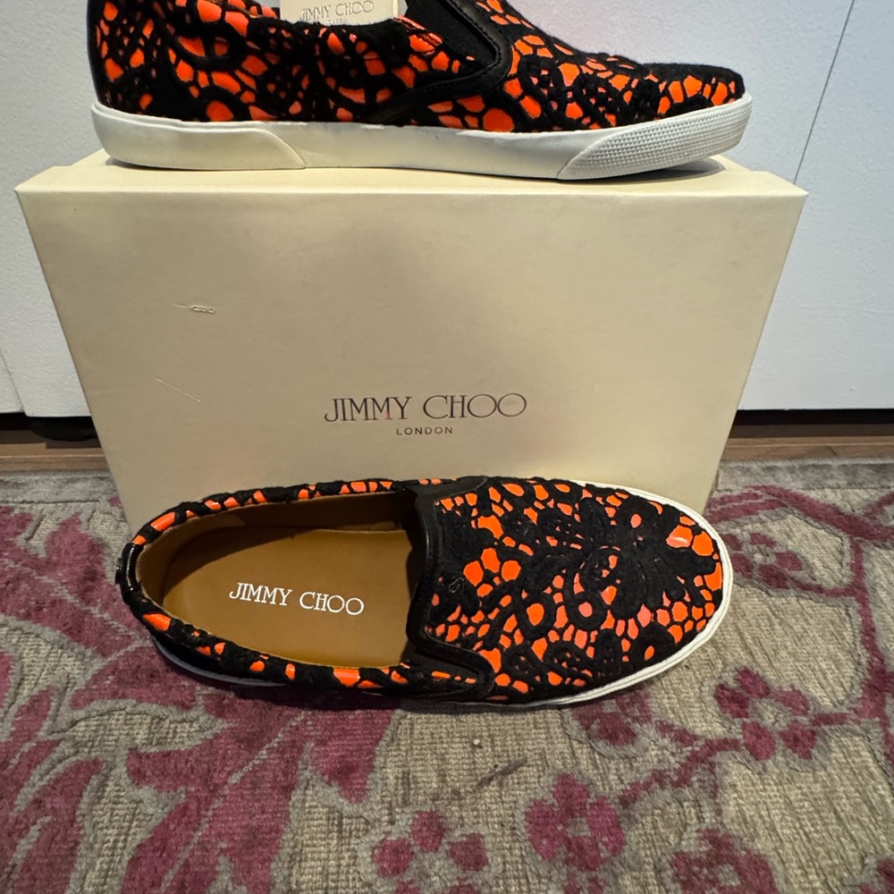 NWT - Jimmy Choo Black and Neon Orange Sneakers - size 38